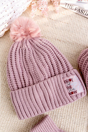 Ponponlu 9-15 Yaş Kız Çocuk Atkı Bere Eldiven Takımı