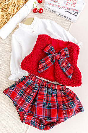 Yelekli Gömlekli 3 lü Şok Özel Gün  Kız Bebek Takım Set Kırmızı