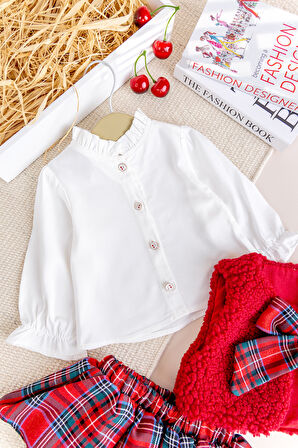 Yelekli Gömlekli 3 lü Şok Özel Gün  Kız Bebek Takım Set Kırmızı