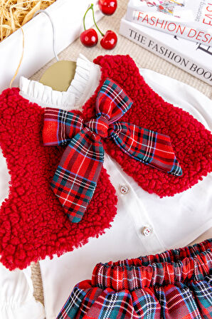 Yelekli Gömlekli 3 lü Şok Özel Gün  Kız Bebek Takım Set Kırmızı