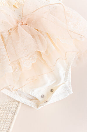 Güpürlü Bandanalı Triko Şık Kız Bebek Elbise Tulum