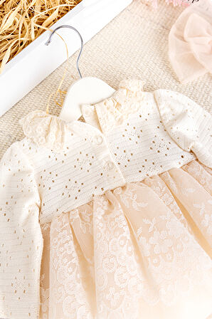 Güpürlü Bandanalı Triko Şık Kız Bebek Elbise Tulum