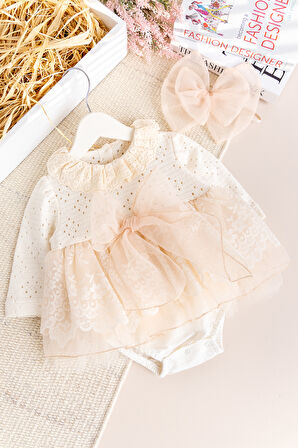 Güpürlü Bandanalı Triko Şık Kız Bebek Elbise Tulum