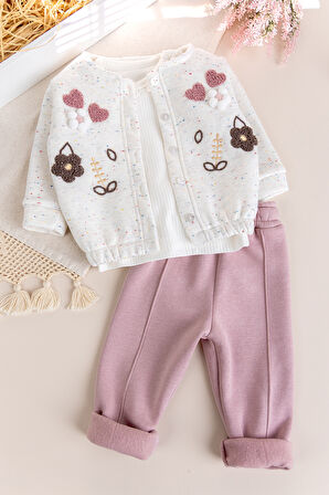 Kız Bebek Çocuk Hırkalı Üç İplik Şardonlu  Çiçek İşlemeli 100% Pamuk 3 lü Takım Set