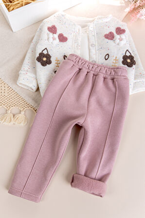 Kız Bebek Çocuk Hırkalı Üç İplik Şardonlu  Çiçek İşlemeli 100% Pamuk 3 lü Takım Set