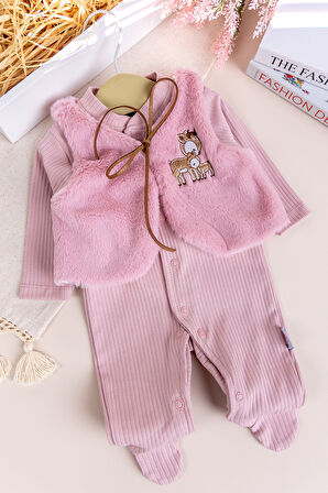 Peluş Yelekli Pamuklu İkili Kız Bebek Tulum Set 