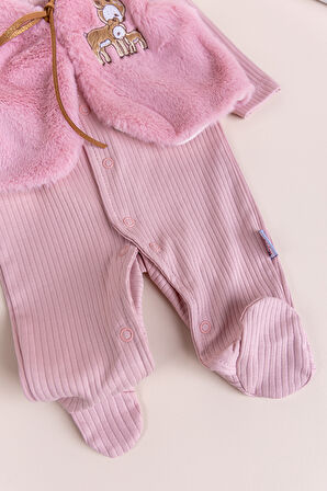 Peluş Yelekli Pamuklu İkili Kız Bebek Tulum Set 