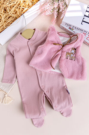 Peluş Yelekli Pamuklu İkili Kız Bebek Tulum Set 