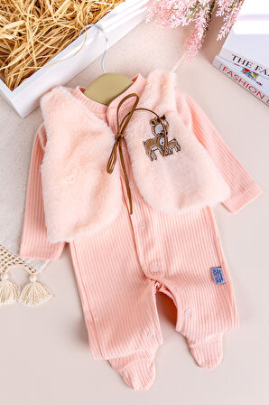 Peluş Yelekli Pamuklu İkili Kız Bebek Tulum Set 