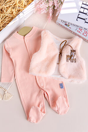 Peluş Yelekli Pamuklu İkili Kız Bebek Tulum Set 