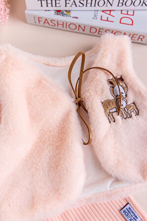 Peluş Yelekli Pamuklu İkili Kız Bebek Tulum Set 