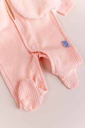 Peluş Yelekli Pamuklu İkili Kız Bebek Tulum Set 