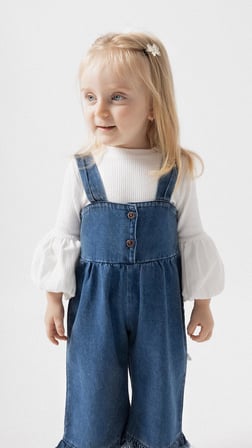 Püsküllü Palazzo Kız Bebek Çocuk Jean Salopet Tulum Lüks %100 Pamuk Likralı Ribana Balon Bluz Denim Kot Takım