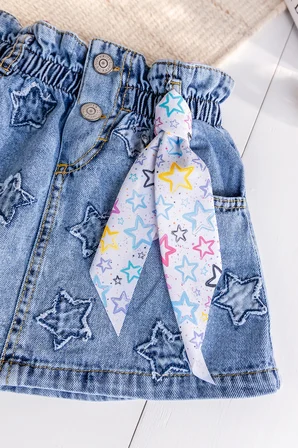 Yıldız İşlemeli Denim Kız Çocuk Kot etek
