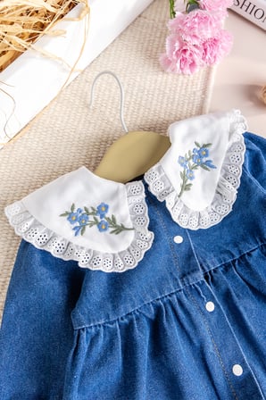 Fistolu Bebe Yaka %100 Pamuk Denim Kız Bebek Kot Tulum