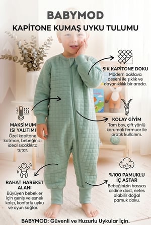 Mevsimlik Kapitone  1.5 Tog Çocuk Uyku Tulumu Uyku Gurusu  %100 Pamuk Kumaş