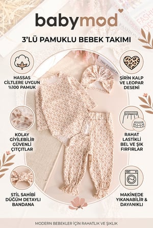 Kalp Desenli Naturel 3 'Lü Pamuklu Kız Bebek Takım