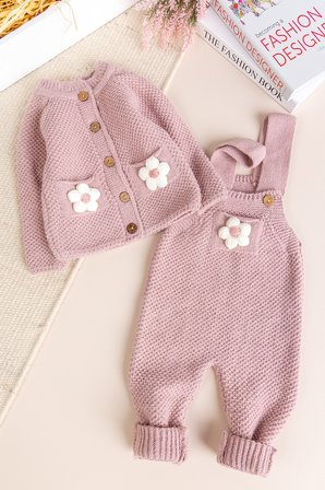 Yumuşak Dokulu Triko Hırkalı Kız Bebek Örgü Salopet Tulum Set