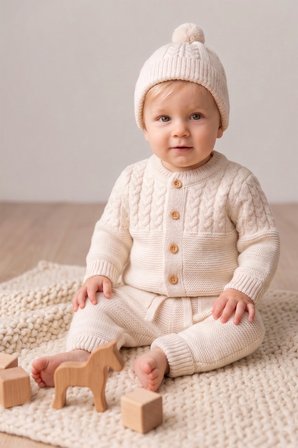 Triko Yumuşak Dokulu Bereli Kışlık Örgü  Kız Erkek Bebek Takım Set