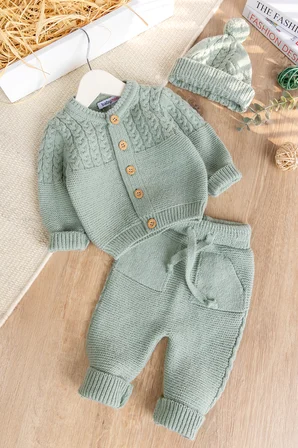 Triko Yumuşak Dokulu Bereli Kışlık Örgü  Kız Erkek Bebek Takım Set