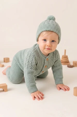 Triko Yumuşak Dokulu Bereli Kışlık Örgü  Kız Erkek Bebek Takım Set