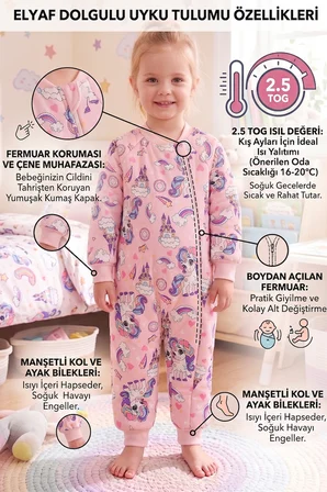 Elyaf Dolgulu 2.5 Tog 100% Pamuk Penye Astarlı Premium Kalite Kız Çocuk Uyku Tulumu