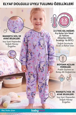 Elyaf Dolgulu 2.5 Tog 100% Pamuk Penye Astarlı Premium Kalite Kız Çocuk Uyku Tulumu