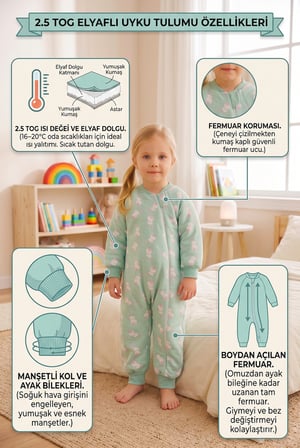  Tavşan Desenli 2,5 Tog Elyaf Dolgulu Premium Kalite 100% Pamuk Penye Astarlı Çocuk Uyku tulumu