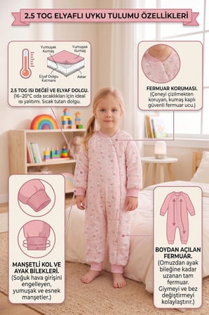  Tavşan Desenli 2,5 Tog Elyaf Dolgulu Premium Kalite 100% Pamuk Penye Astarlı Çocuk Uyku tulumu