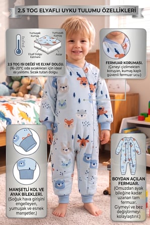 Ayıcık Desenli 2,5 Tog Elyaf Dolgulu Premium Kalite Kız Erkek Çocuk Uyku Tulumu