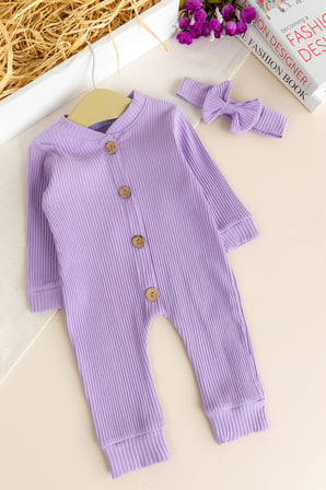 Fitilli  Düğme İliklemeli  Saç Bandlı  Pamuklu Kız Bebek Tulum Set