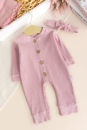 Fitilli  Düğme İliklemeli  Saç Bandlı  Pamuklu Kız Bebek Tulum Set