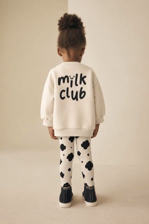 Milk Club Baskılı Bej Sweatshirt ve Çicek Desenli Taytlı 2'li Kız Çocuk Takım