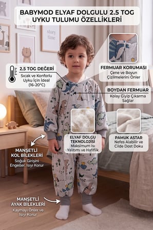  Dinazor Desenli 2.5 Tog Elyaf Dolgulu Pamuklu Penye Astarlı Kız Erkek Çocuk Uyku Tulumu