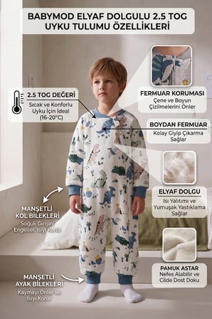  Dinazor Desenli 2.5 Tog Elyaf Dolgulu Pamuklu Penye Astarlı Kız Erkek Çocuk Uyku Tulumu