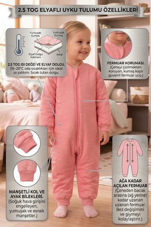 Elyaf Dolgulu 2.5 Tog %100 Pamuk Penye Astarlı Premium Kalite Kız Çocuk Uyku Tulumu Pembe