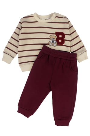 Erkek Bebek Ayıcık Nakışlı Çizgili Sweatshirt Eşofman Takımı