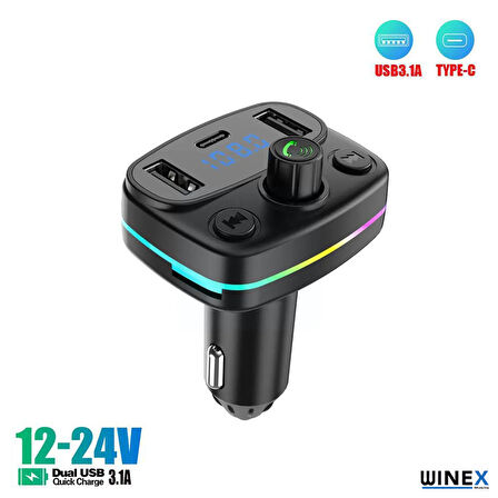 Global M44 Fm Handsfree Bluetooth Modülatör MP3 Player Type-C Çıkışlı Araç Şarj Aleti WNE1117