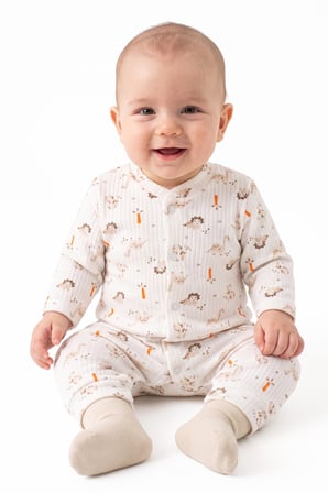 Erkek Bebek Ekru Dino Baskılı Çıtçıtlı Manşetli Tulum