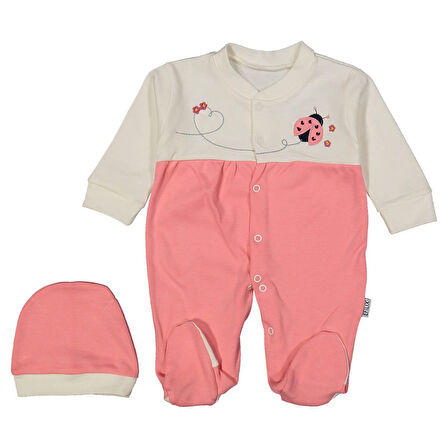 Kız Bebek Pembe Ekru Uğur Böceği Nakışlı Bereli Eldivenli Tulum