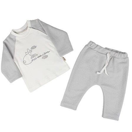 Erkek Bebek Beyaz Mavi Uçak Desenli 2'li Takım