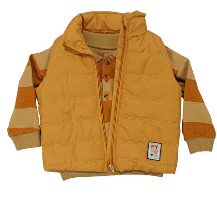 Erkek Bebek Hardal Mavi Kot Pantolonlu Çizgili Badili Şişme Yelekli 3'lü Takım