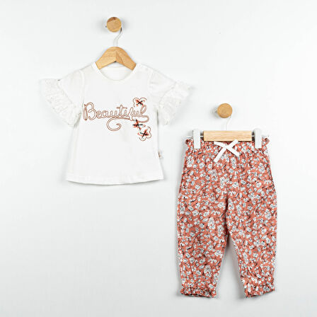 Kız Bebek Beyaz Kolları Fistolu Çiçekli Pantolonlu Takım