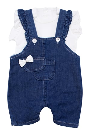 Kız Bebek Beyaz Laci Cepli Fiyonklu Kot Salopet Takım