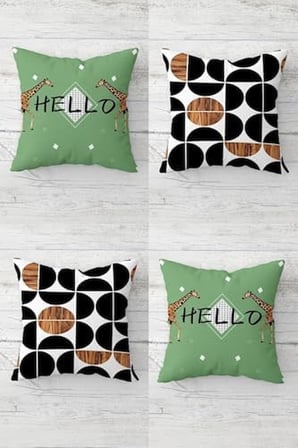 Zürafa Ve Daire Desen Hello Yazılı Gizli Fermuarlı Kırlent Kılıfı Koltuk Yastık Kılıfı Takım(4adet), Kahverengi-Yeşil 45 x 45