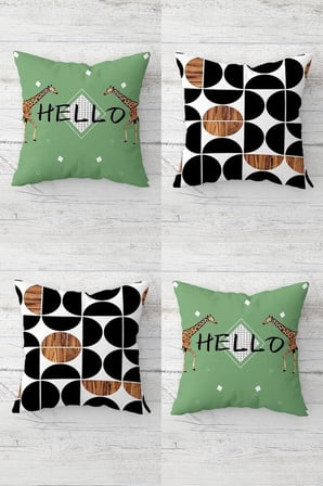 Zürafa Ve Daire Desen Hello Yazılı Gizli Fermuarlı Kırlent Kılıfı Koltuk Yastık Kılıfı Takım(4adet), Kahverengi-Yeşil 45 x 45