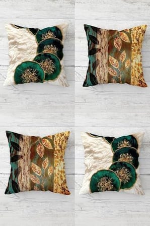 Çiçek Desenli Ve Gold Yapraklı Gizli Fermuarlı Kırlent Kılıfı Koltuk Yastık Kılıfı Takım(4adet), Gold-Zümrüt Yeşili 45 x 45