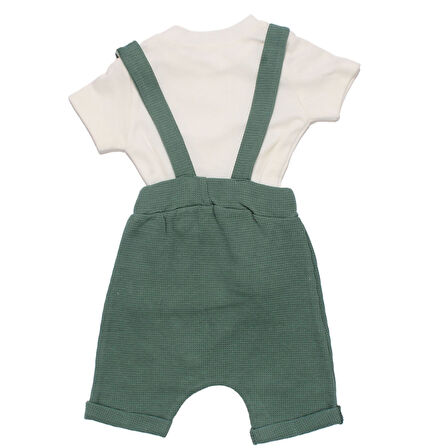 Erkek Bebek Yeşil Waffle Kumaş Beyaz Tişörtlü Salopetli Tulum Takım