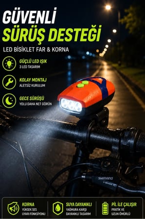 Bisiklet LED Far ve Korna Seti 3 LED Güçlü Aydınlatmalı Gidon Lambası Kolay Montajlı Bisiklet Ön Farı