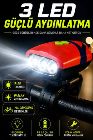 Bisiklet LED Far ve Korna Seti 3 LED Güçlü Aydınlatmalı Gidon Lambası Kolay Montajlı Bisiklet Ön Farı